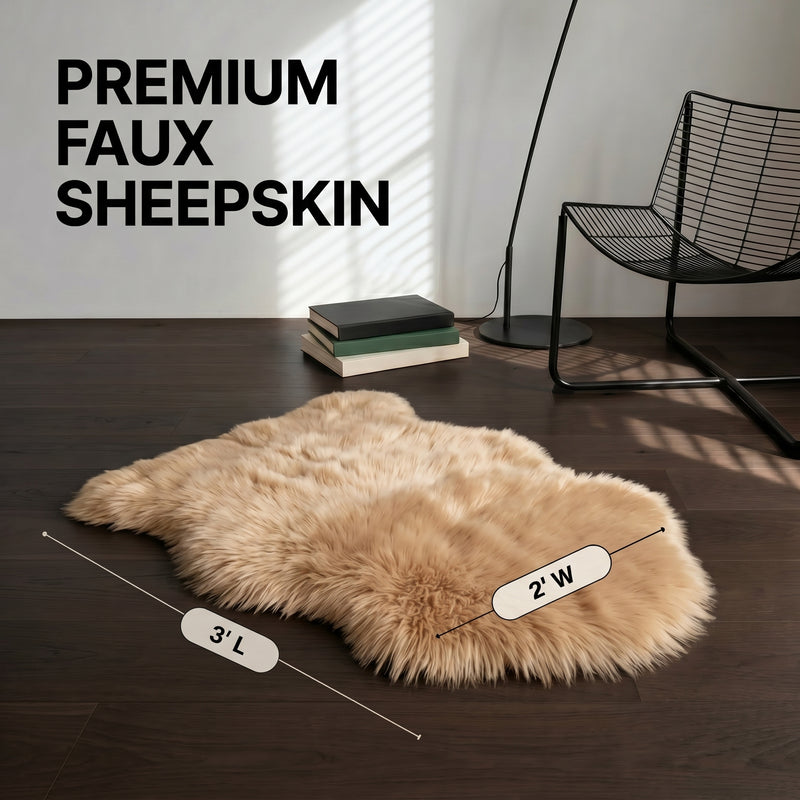 Faux fur sheepskin rug runner at the foot of a bed, labeled 72 inches long by 24 inches wide with slippers resting on top