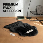 Faux fur sheepskin rug runner at the foot of a bed, labeled 72 inches long by 24 inches wide with slippers resting on top