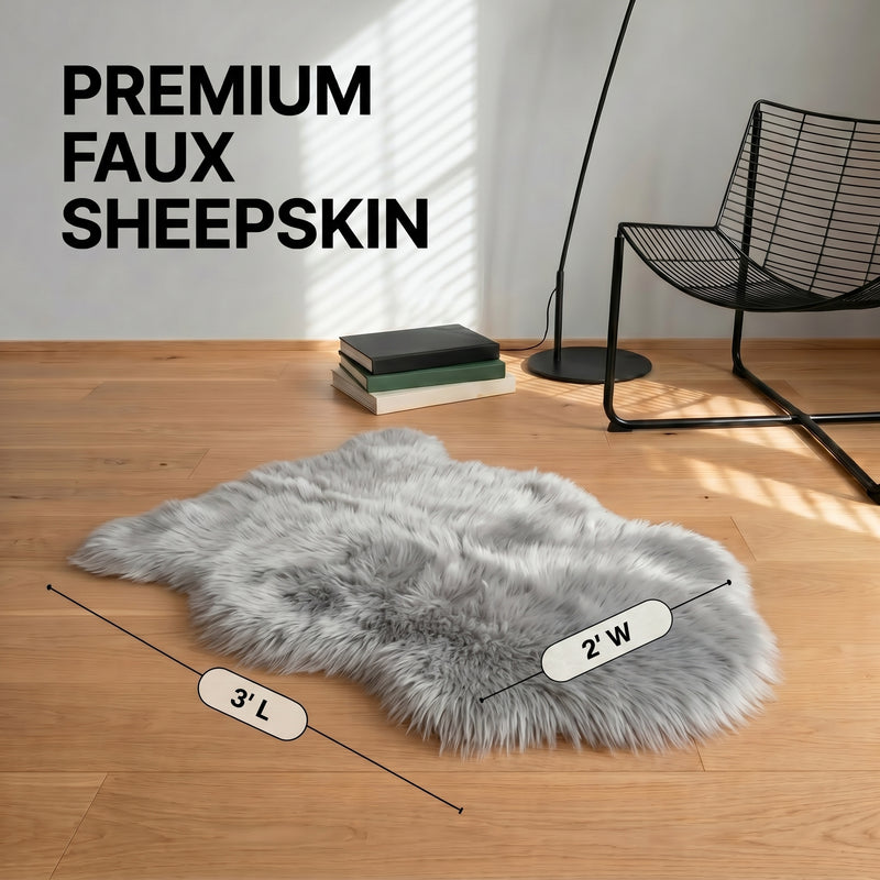 Faux fur sheepskin rug runner at the foot of a bed, labeled 72 inches long by 24 inches wide with slippers resting on top