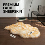 Faux fur sheepskin rug runner at the foot of a bed, labeled 72 inches long by 24 inches wide with slippers resting on top
