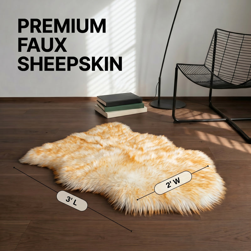 Faux fur sheepskin rug runner at the foot of a bed, labeled 72 inches long by 24 inches wide with slippers resting on top