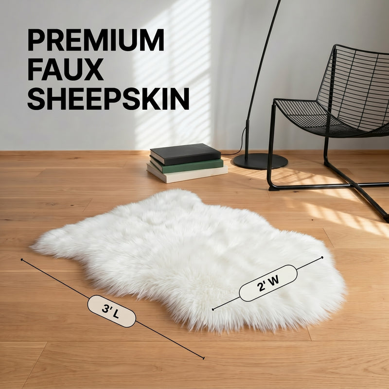 Faux fur sheepskin rug runner at the foot of a bed, labeled 72 inches long by 24 inches wide with slippers resting on top