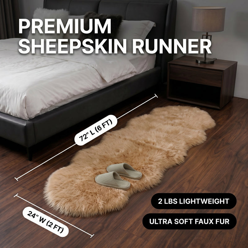 Faux fur sheepskin rug runner at the foot of a bed, labeled 72 inches long by 24 inches wide with slippers resting on top
