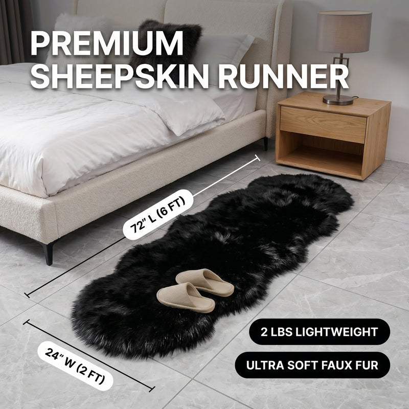 Faux fur sheepskin rug runner at the foot of a bed, labeled 72 inches long by 24 inches wide with slippers resting on top