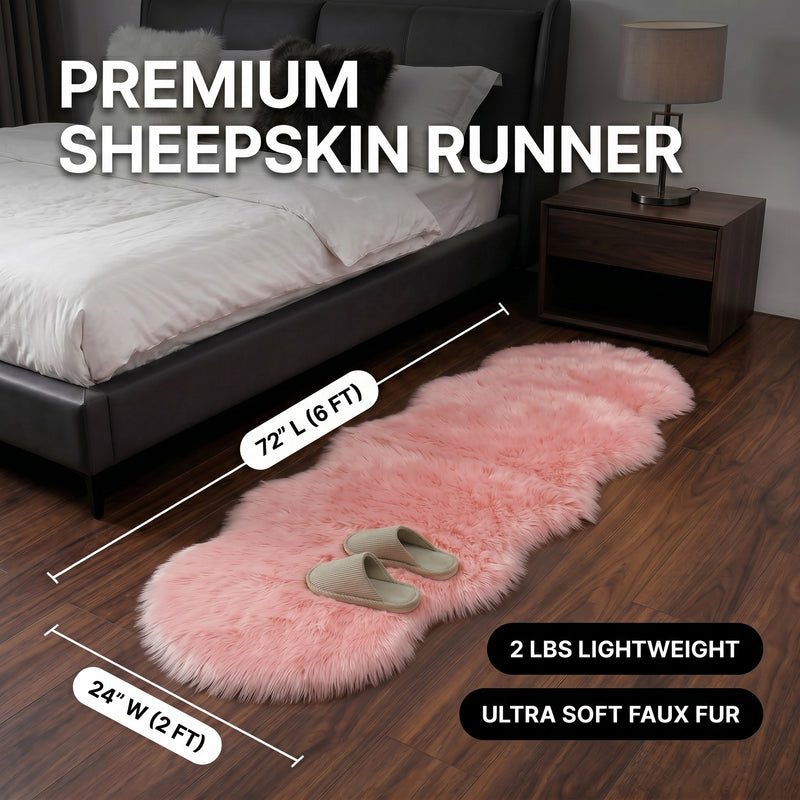 Faux fur sheepskin rug runner at the foot of a bed, labeled 72 inches long by 24 inches wide with slippers resting on top