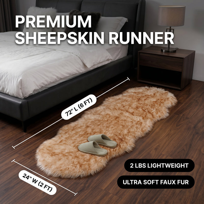 Faux fur sheepskin rug runner at the foot of a bed, labeled 72 inches long by 24 inches wide with slippers resting on top