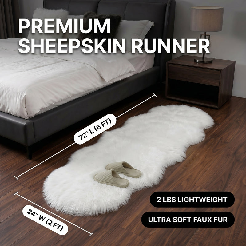 Faux fur sheepskin rug runner at the foot of a bed, labeled 72 inches long by 24 inches wide with slippers resting on top