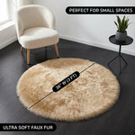 Faux fur sheepskin rug runner at the foot of a bed, labeled 72 inches long by 24 inches wide with slippers resting on top