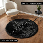 Faux fur sheepskin rug runner at the foot of a bed, labeled 72 inches long by 24 inches wide with slippers resting on top