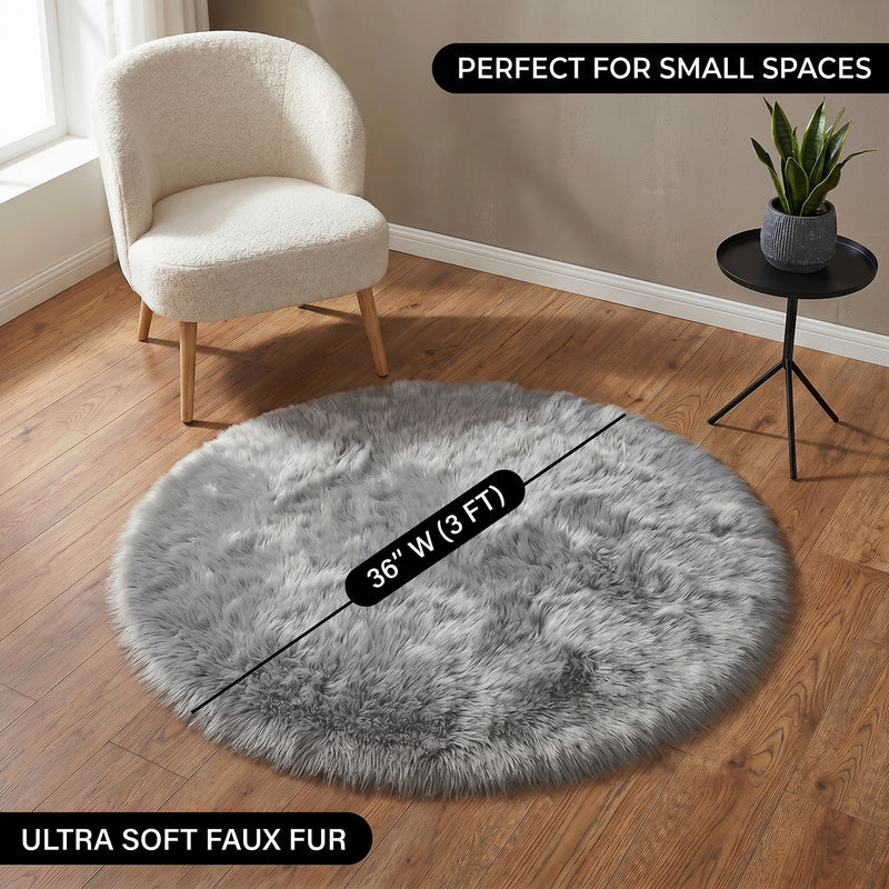 Faux fur sheepskin rug runner at the foot of a bed, labeled 72 inches long by 24 inches wide with slippers resting on top