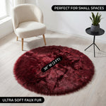 Faux fur sheepskin rug runner at the foot of a bed, labeled 72 inches long by 24 inches wide with slippers resting on top
