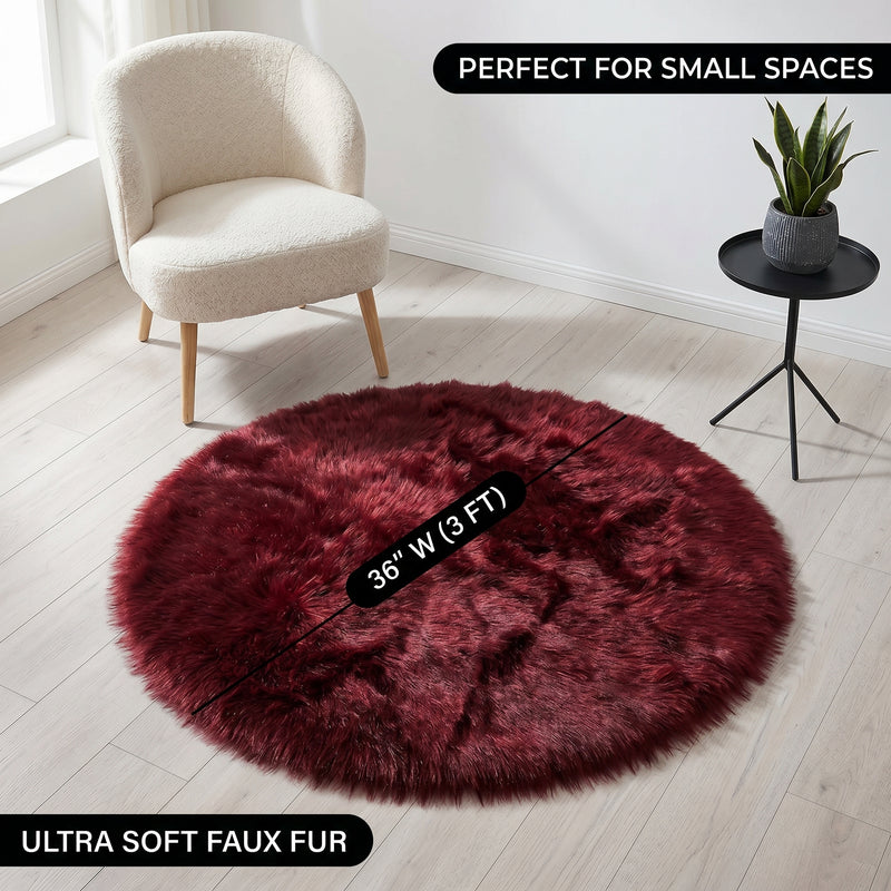 Faux fur sheepskin rug runner at the foot of a bed, labeled 72 inches long by 24 inches wide with slippers resting on top