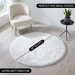 Faux fur sheepskin rug runner at the foot of a bed, labeled 72 inches long by 24 inches wide with slippers resting on top
