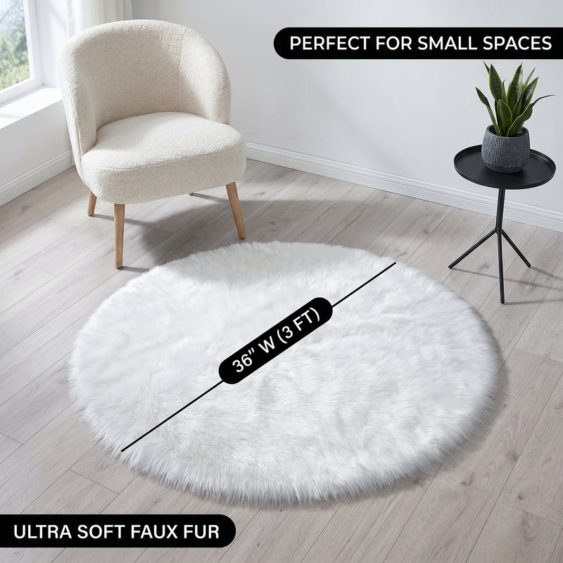 Faux fur sheepskin rug runner at the foot of a bed, labeled 72 inches long by 24 inches wide with slippers resting on top