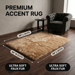 Faux fur sheepskin rug runner at the foot of a bed, labeled 72 inches long by 24 inches wide with slippers resting on top