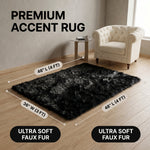 Faux fur sheepskin rug runner at the foot of a bed, labeled 72 inches long by 24 inches wide with slippers resting on top