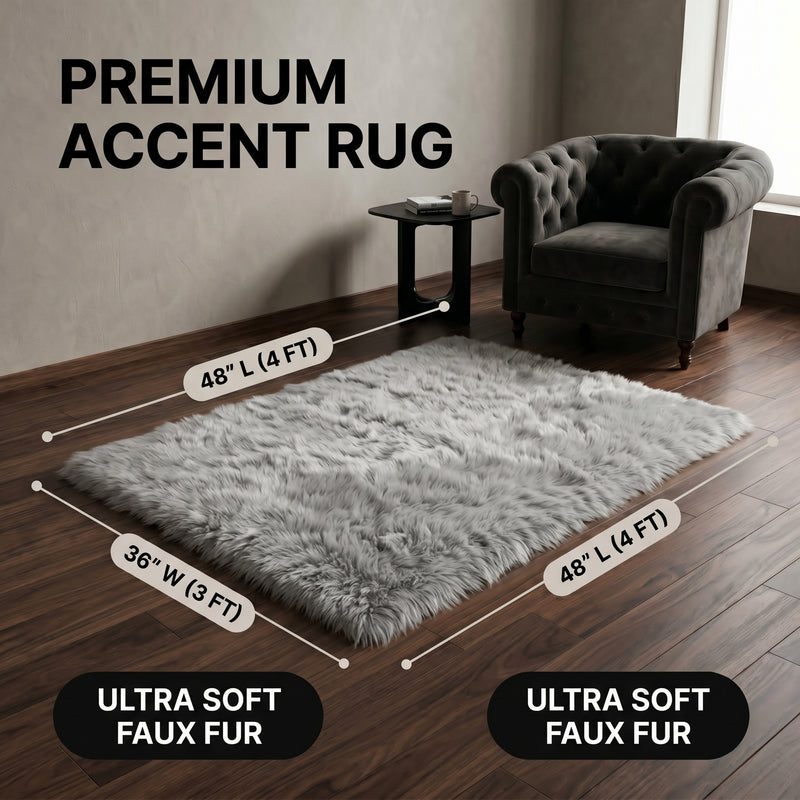 Faux fur sheepskin rug runner at the foot of a bed, labeled 72 inches long by 24 inches wide with slippers resting on top