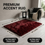 Faux fur sheepskin rug runner at the foot of a bed, labeled 72 inches long by 24 inches wide with slippers resting on top