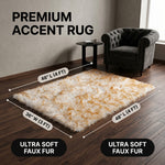 Faux fur sheepskin rug runner at the foot of a bed, labeled 72 inches long by 24 inches wide with slippers resting on top