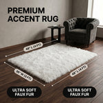 Faux fur sheepskin rug runner at the foot of a bed, labeled 72 inches long by 24 inches wide with slippers resting on top