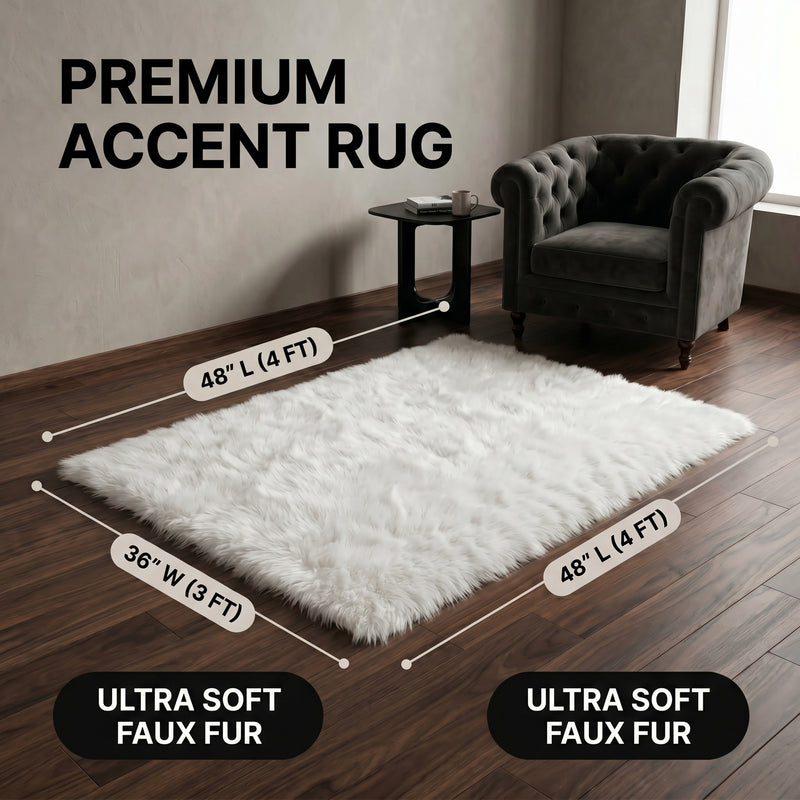 Faux fur sheepskin rug runner at the foot of a bed, labeled 72 inches long by 24 inches wide with slippers resting on top