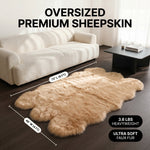 Faux fur sheepskin rug runner at the foot of a bed, labeled 72 inches long by 24 inches wide with slippers resting on top