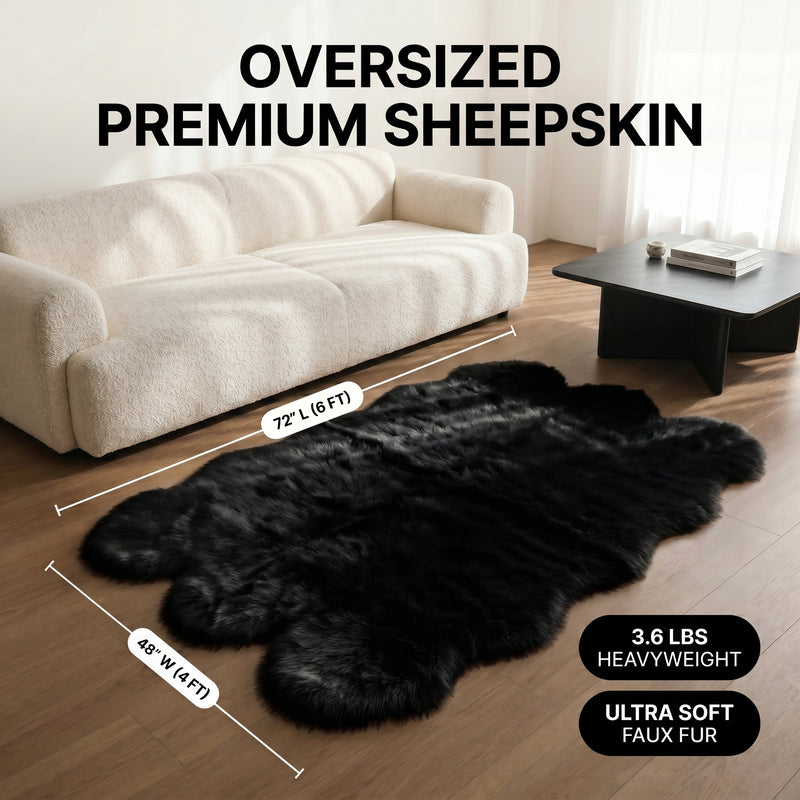 Faux fur sheepskin rug runner at the foot of a bed, labeled 72 inches long by 24 inches wide with slippers resting on top