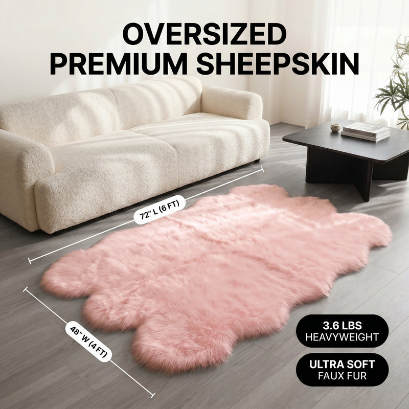 Faux fur sheepskin rug runner at the foot of a bed, labeled 72 inches long by 24 inches wide with slippers resting on top