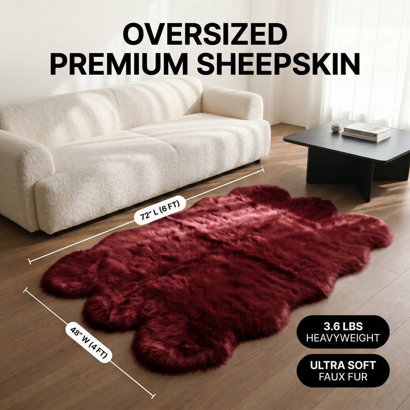 Faux fur sheepskin rug runner at the foot of a bed, labeled 72 inches long by 24 inches wide with slippers resting on top