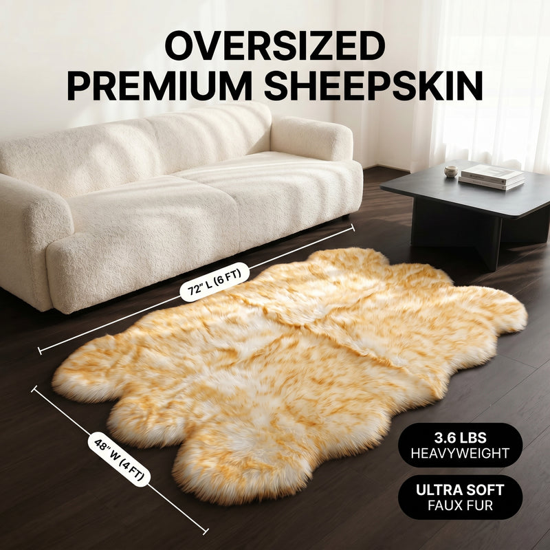 Faux fur sheepskin rug runner at the foot of a bed, labeled 72 inches long by 24 inches wide with slippers resting on top