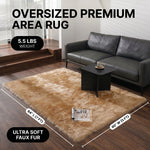 Faux fur sheepskin rug runner at the foot of a bed, labeled 72 inches long by 24 inches wide with slippers resting on top