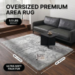 Faux fur sheepskin rug runner at the foot of a bed, labeled 72 inches long by 24 inches wide with slippers resting on top