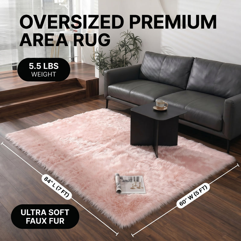 Faux fur sheepskin rug runner at the foot of a bed, labeled 72 inches long by 24 inches wide with slippers resting on top