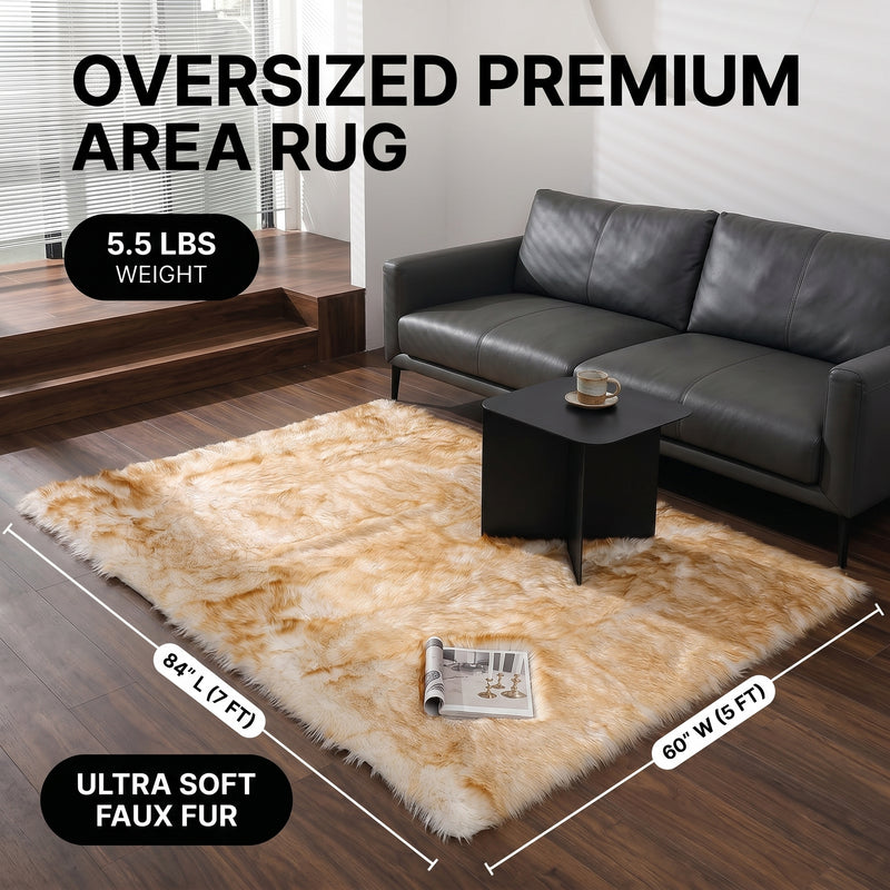 Faux fur sheepskin rug runner at the foot of a bed, labeled 72 inches long by 24 inches wide with slippers resting on top