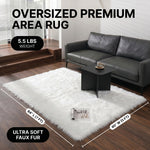 Faux fur sheepskin rug runner at the foot of a bed, labeled 72 inches long by 24 inches wide with slippers resting on top