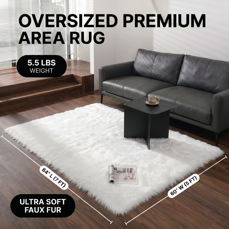 Faux fur sheepskin rug runner at the foot of a bed, labeled 72 inches long by 24 inches wide with slippers resting on top