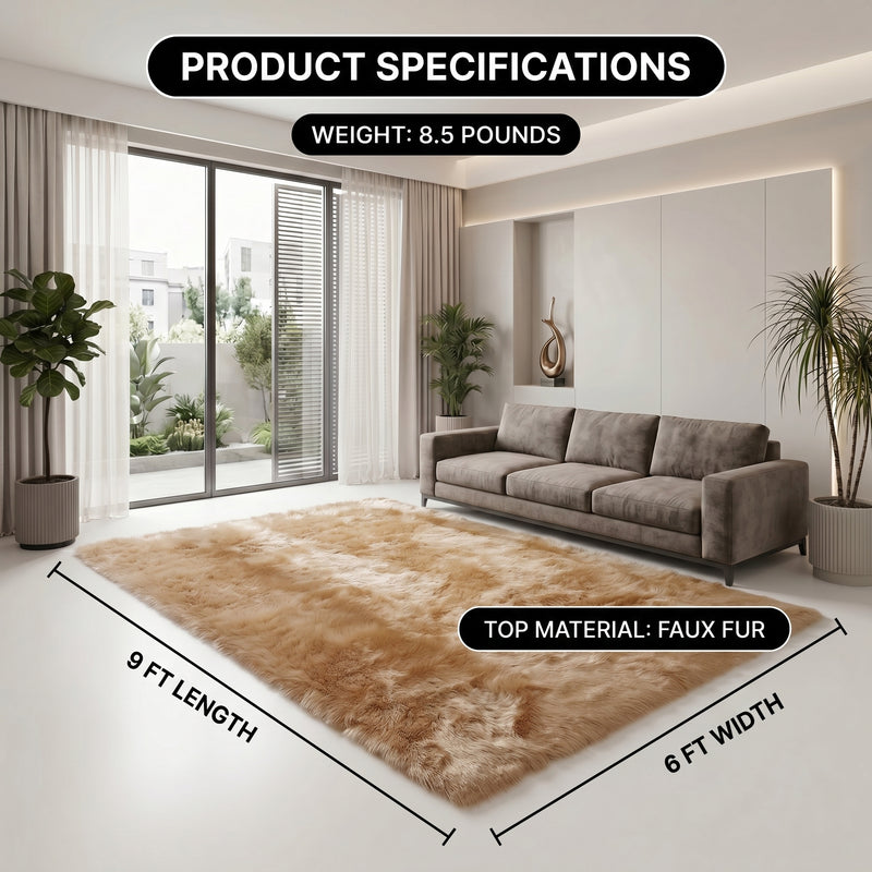 Faux fur sheepskin rug runner at the foot of a bed, labeled 72 inches long by 24 inches wide with slippers resting on top