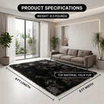 Faux fur sheepskin rug runner at the foot of a bed, labeled 72 inches long by 24 inches wide with slippers resting on top
