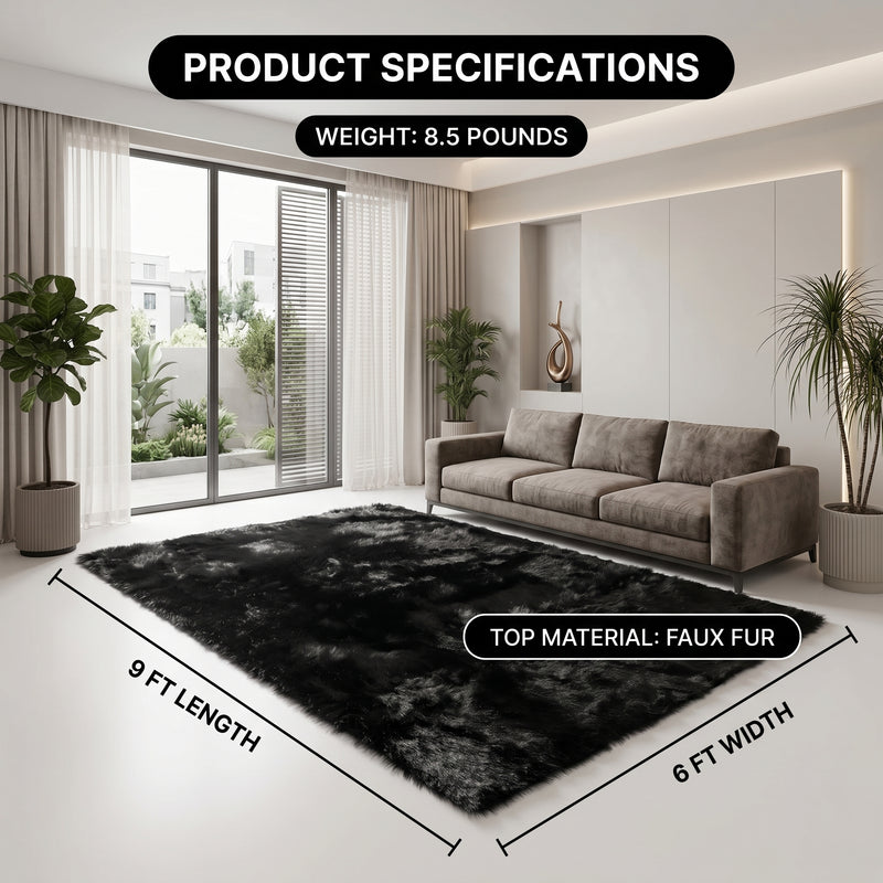 Faux fur sheepskin rug runner at the foot of a bed, labeled 72 inches long by 24 inches wide with slippers resting on top
