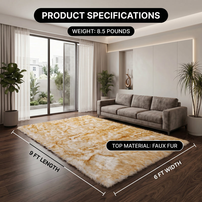 Faux fur sheepskin rug runner at the foot of a bed, labeled 72 inches long by 24 inches wide with slippers resting on top