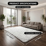 Faux fur sheepskin rug runner at the foot of a bed, labeled 72 inches long by 24 inches wide with slippers resting on top