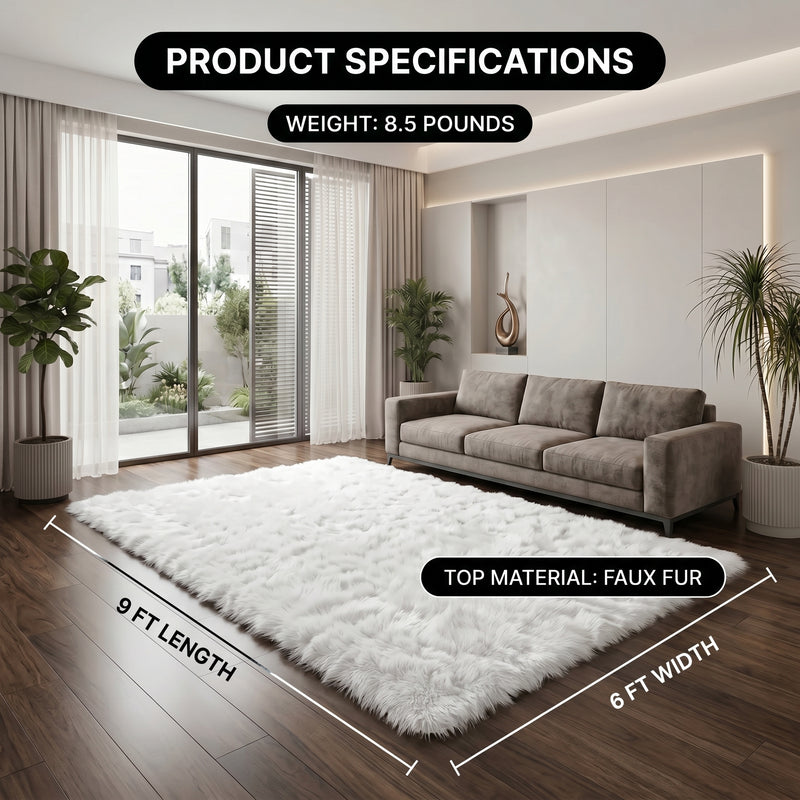 Faux fur sheepskin rug runner at the foot of a bed, labeled 72 inches long by 24 inches wide with slippers resting on top