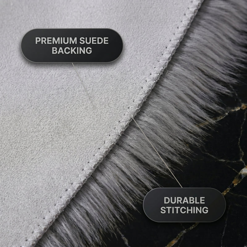 Close-up of the rug's faux suede backing and stitched edge