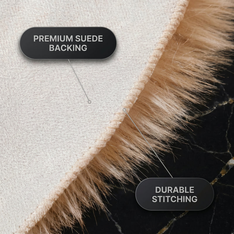 Close-up of the rug's faux suede backing and stitched edge
