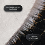 Close-up of the rug's faux suede backing and stitched edge