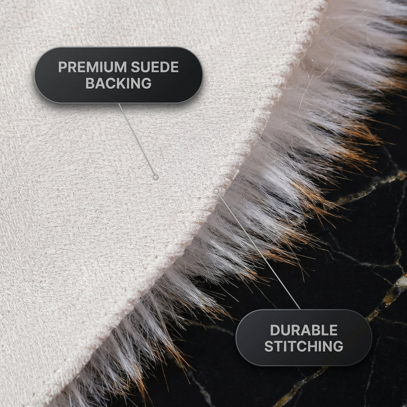 Close-up of the rug's faux suede backing and stitched edge