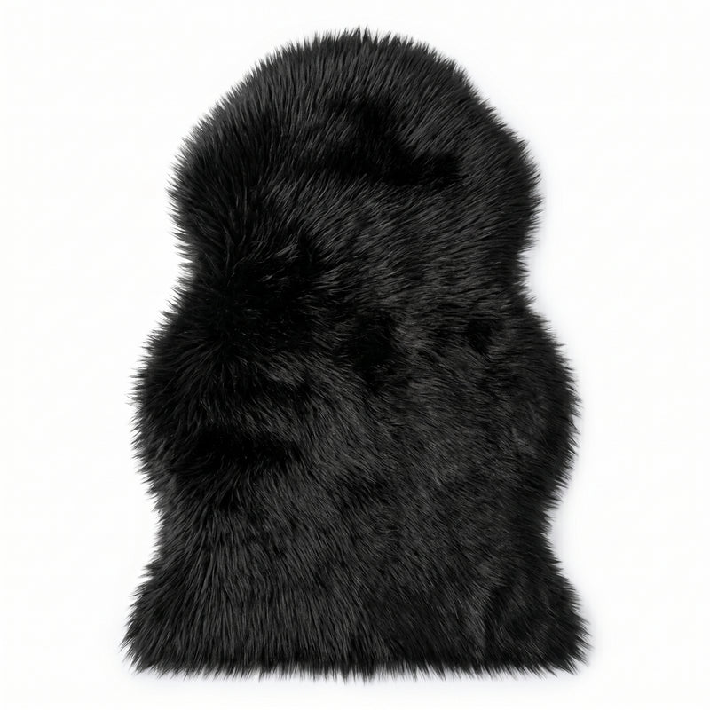 Faux fur sheepskin rug in white and yellow, shown flat from above in its natural pelt shape