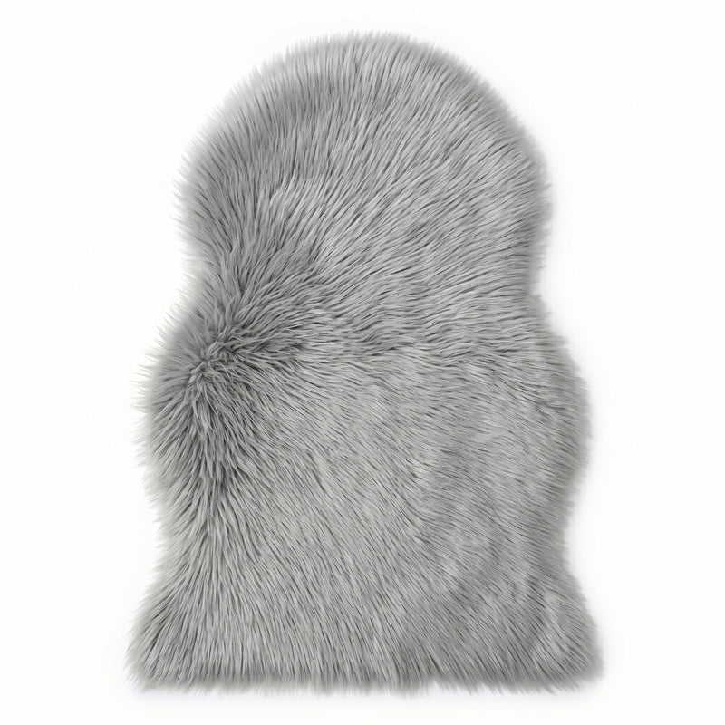 Faux fur sheepskin rug in white and yellow, shown flat from above in its natural pelt shape