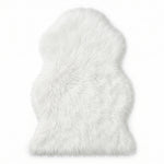 Faux fur sheepskin rug in white and yellow, shown flat from above in its natural pelt shape