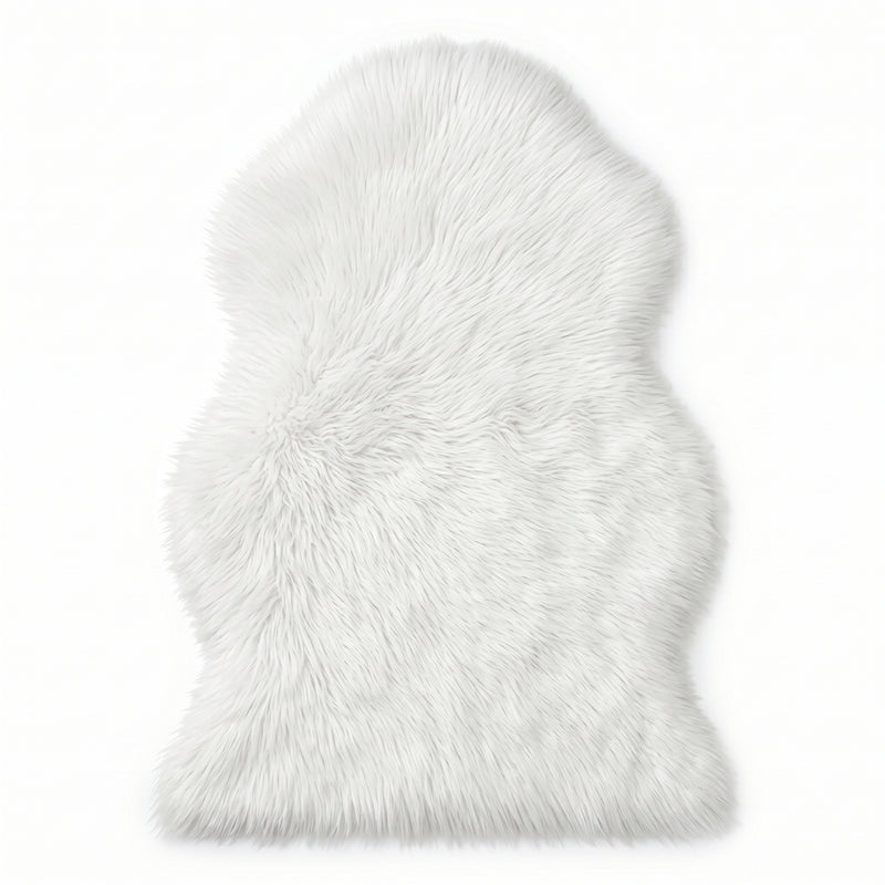 Faux fur sheepskin rug in white and yellow, shown flat from above in its natural pelt shape